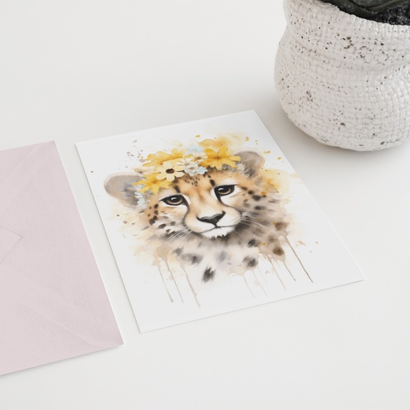Cute Floral Cheetah Watercolor Wall Art Illustration Print Poster Card Unframed - Picture 4 of 7